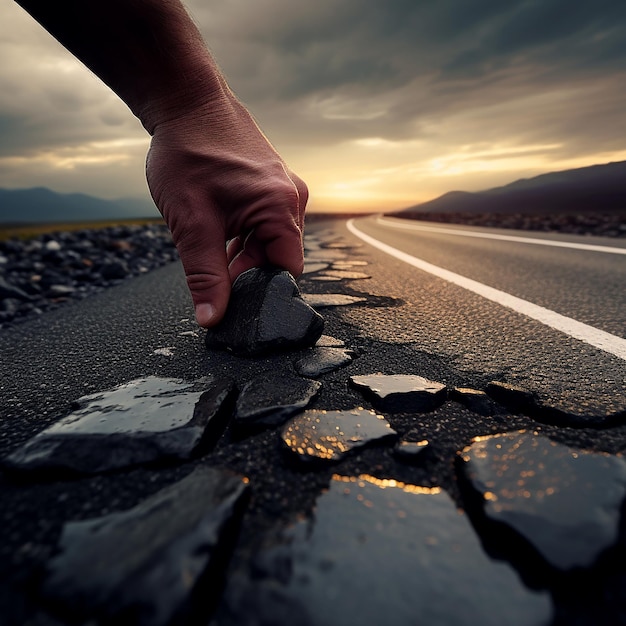 Une route asphaltée avec des doigts humains