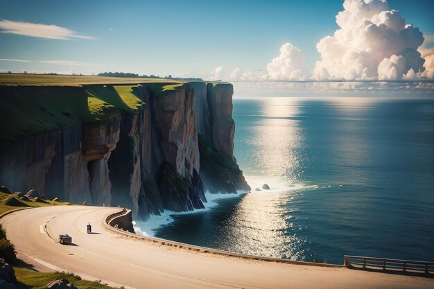 Une route au bord de l'océan avec une falaise et un ciel nuageux