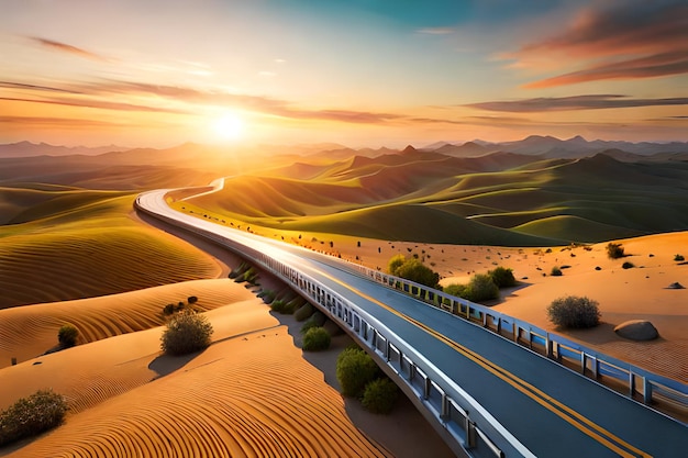 Une route au milieu d'un désert avec un train qui passe.