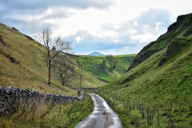 Une route au milieu d'un paysage vert contre le ciel