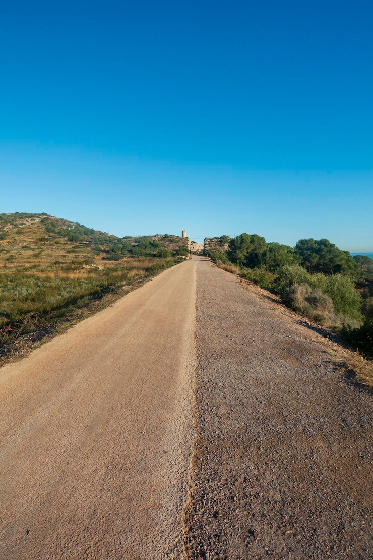 Photo une route au milieu de la terre contre un ciel bleu clair
