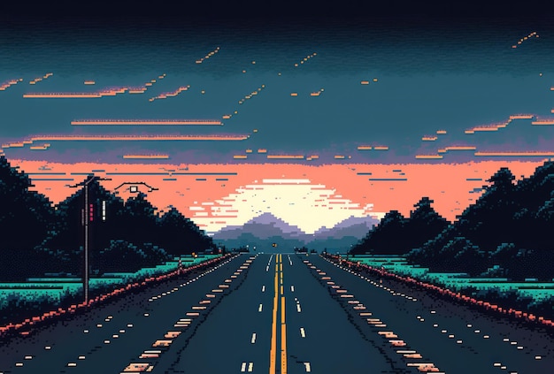 Route avec une belle nature autour de la campagne voyage sur la route fond de style pixel art