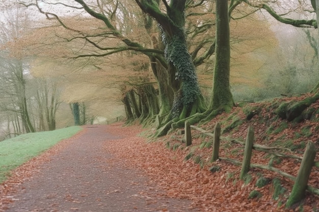 Une route bordée d'arbres avec une clôture en bois au premier plan