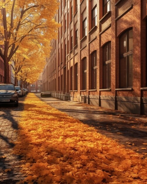 Une route bordée d'arbres avec des feuilles jaunes sur le sol