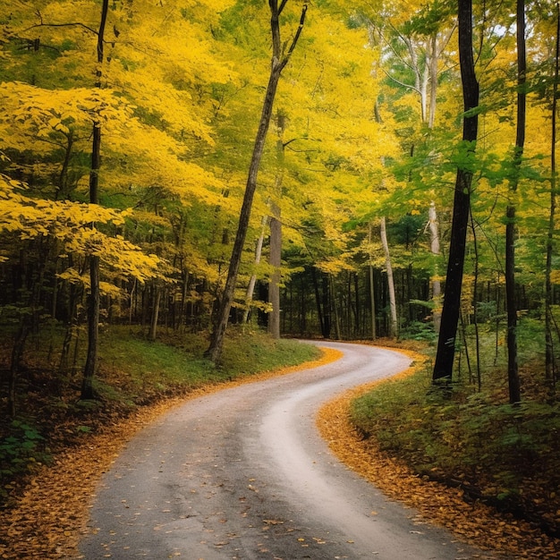 Une route bordée d'arbres avec des feuilles jaunes sur le sol