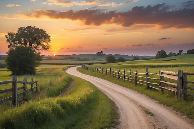 Une route de campagne avec un coucher de soleil et une clôture