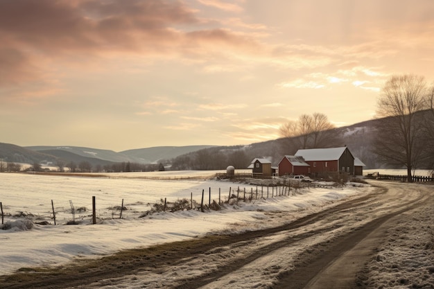 une route de campagne couverte de neige avec une grange rouge au loin