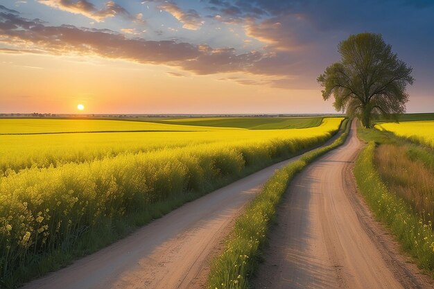 Route de campagne dans un champ de canola au coucher du soleil