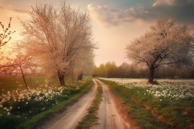 Une route de campagne dans un champ de fleurs