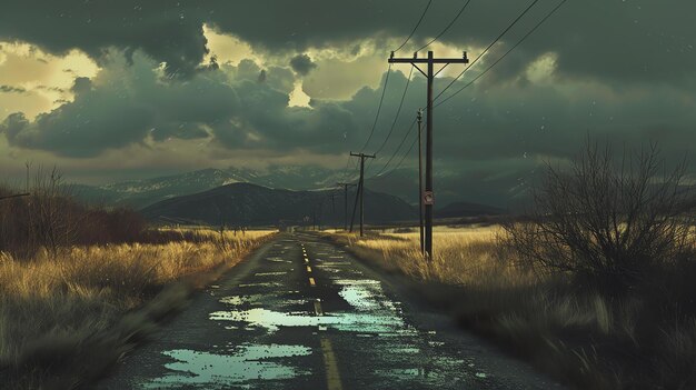 Une route de campagne avec des nuages sombres en arrière-plan la route est mouillée par la pluie il y a un seul arbre sur le côté droit de la route