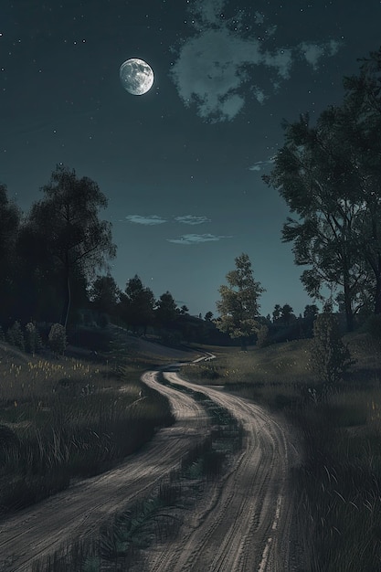 route de campagne la nuit avec une grande lune