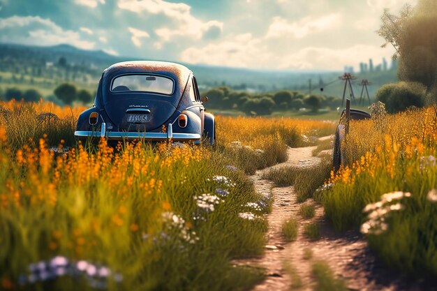 Photo une route de campagne pittoresque avec les fenêtres baissées, l'air chaud de l'été et des champs de fleurs sauvages s'étendant jusqu'à l'horizon