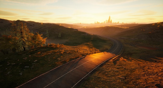 Route de campagne vers la ville sur la route de campagne tôt le matin