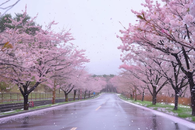 La route des cerisiers roses au parc commémoratif d'Asahiyama à Sapporo, Hokkaido, au Japon