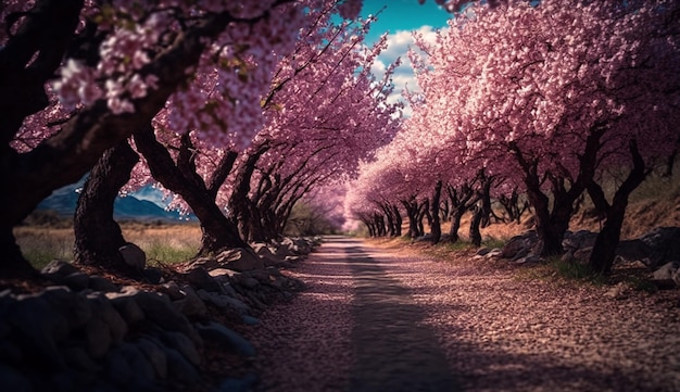 Une route avec un chemin de cerisiers roses