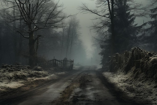 Une route avec une clôture et un panneau disant "neige".