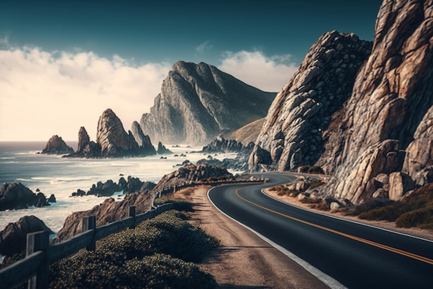 une route côtière pittoresque avec des falaises et des vues sur l'océan représentant la beauté et la liberté des voyages en voiture