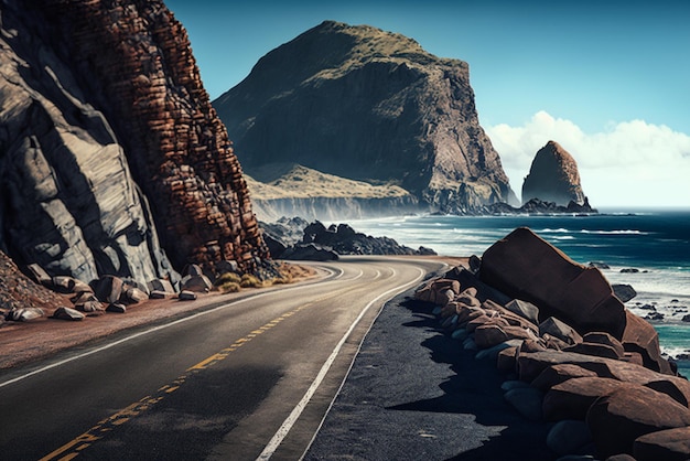 une route côtière pittoresque avec des falaises et des vues sur l'océan représentant la beauté et la liberté des voyages en voiture