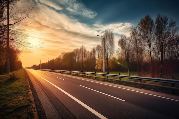 Une route avec un coucher de soleil en arrière-plan