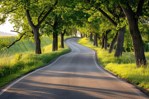 Une route courbe bordée d'arbres