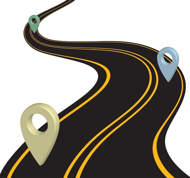 Route courbe en forme de U et en forme de S avec ombre sur fond blanc, autoroute et marque d'épingle