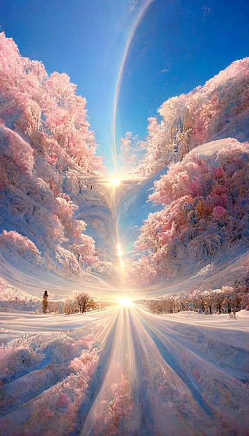 Route couverte de neige avec un arc-en-ciel dans le ciel ai générative