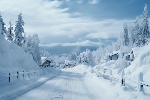 une route couverte de neige avec une maison et des arbres en arrière-plan.