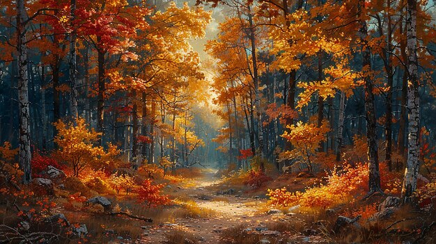 une route dans les bois avec des feuilles d'automne