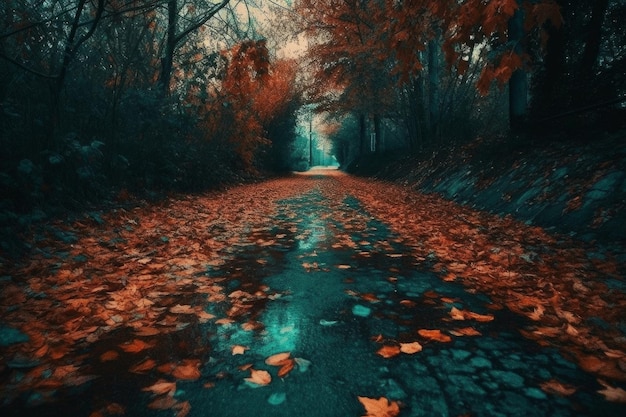 Une route dans les bois avec des feuilles dessus