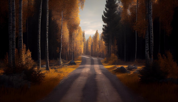 Une route dans les bois avec le soleil qui brille dessus