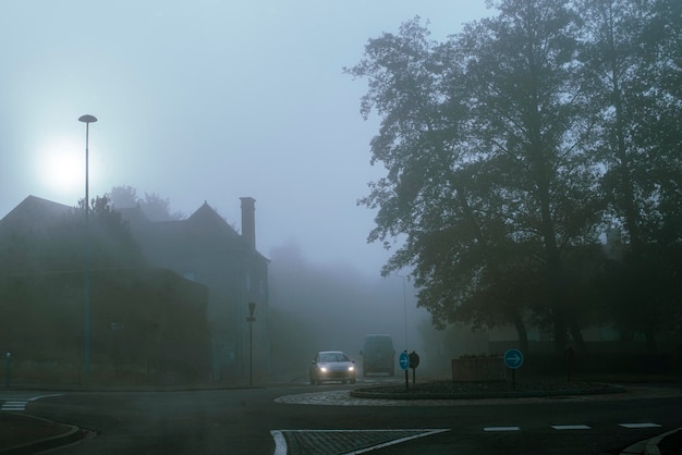 Route dans le brouillard à l'aube