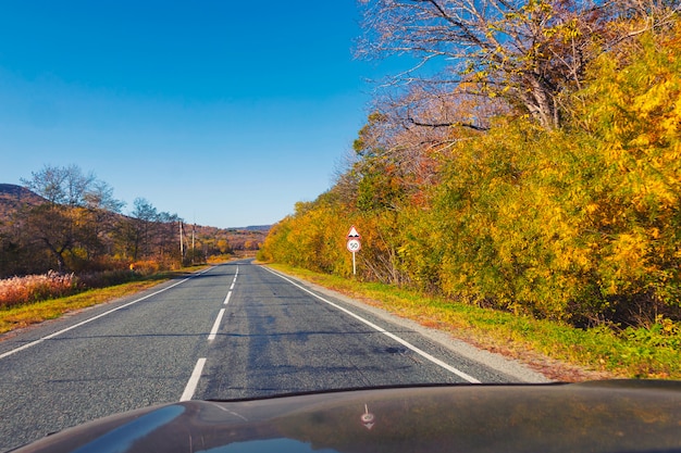 Photo route dans la campagne avec une nature magnifique en saison d'automne et ciel bleu clair