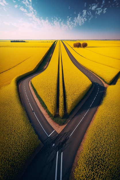 Une route dans un champ de fleurs jaunes