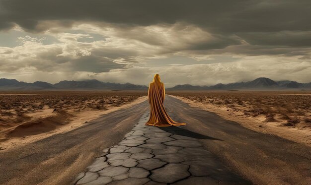 la route dans le désert avec un voyageur solitaire à la manière d'Ingrid Baars