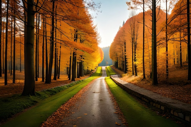 Une route dans la forêt d'automne avec le soleil qui brille sur les arbres