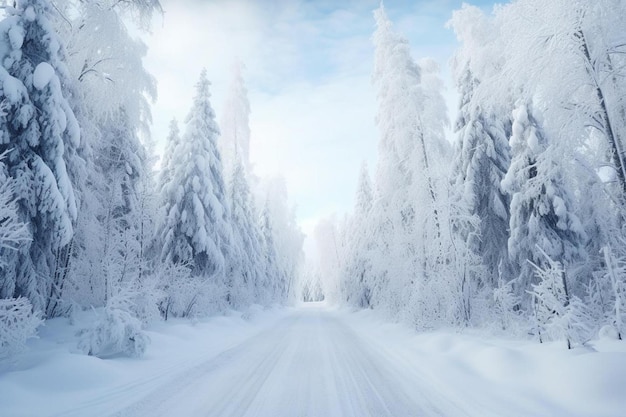 une route dans la forêt d'hiver avec des arbres couverts de neige