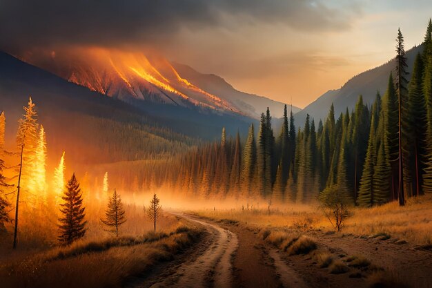 Une route dans les montagnes au coucher du soleil