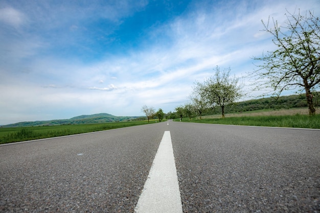 Route dans les montagnes entre les champs