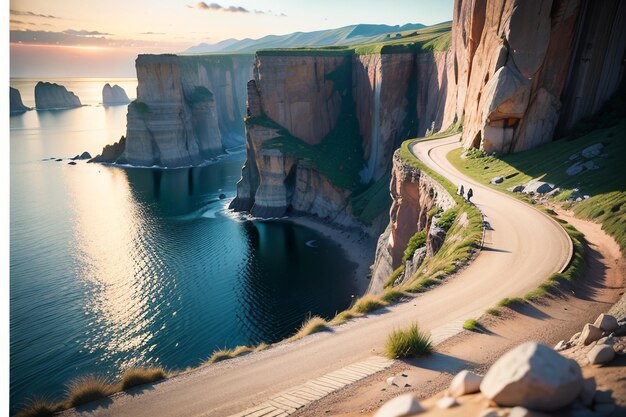 Une route dans les montagnes avec une falaise en arrière-plan