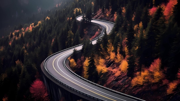 Une route dans les montagnes avec une ligne jaune traversant la forêt.