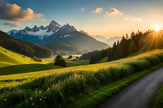 Une route dans les montagnes avec une montagne en arrière-plan