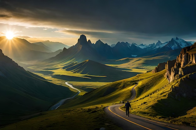 Une route dans les montagnes avec une personne dessus