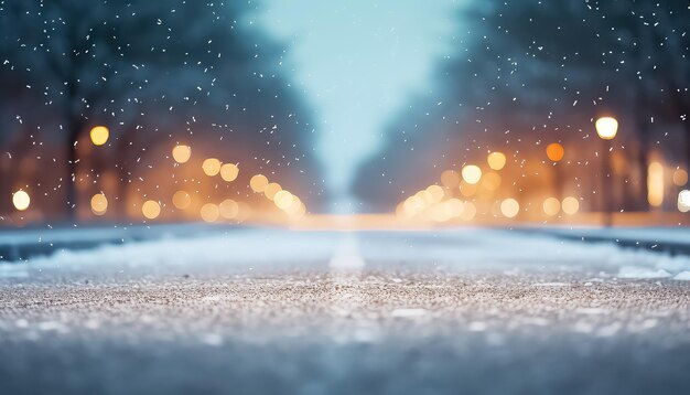 Route délavée avec de la neige et des lumières