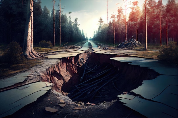 Route détruite avec gouffres et arbres tombés après un tremblement de terre dans la forêt