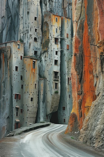 route devant le bâtiment dans le style des formes cristallines et géologiques paysages italiens