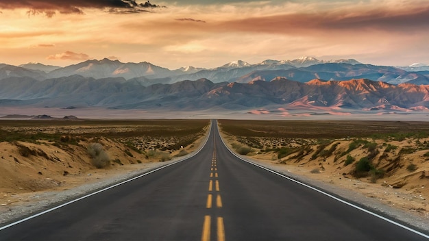 Une route droite au milieu du désert avec de magnifiques montagnes et le coucher de soleil