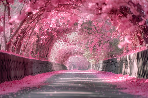 La route du tunnel des cerisiers roses à Kyoto, au Japon