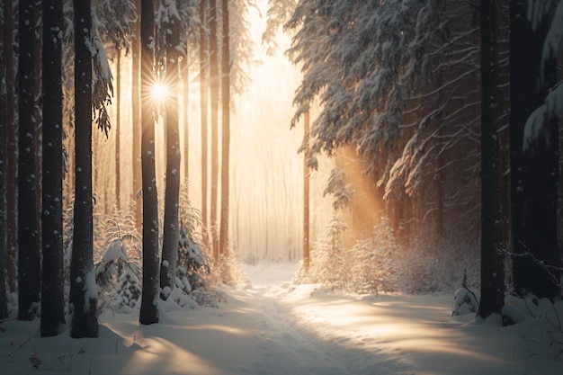 Route enneigée dans la forêt d'hiver avec des rayons de soleil AI générative