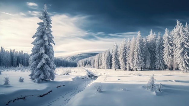 Route enneigée dans les montagnes avec des arbres couverts de neige