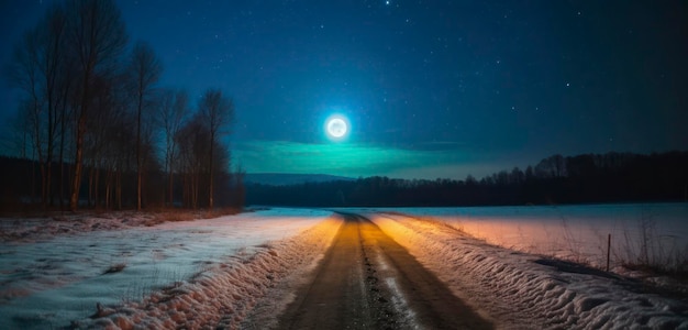 Une route enneigée avec une lune dans le ciel